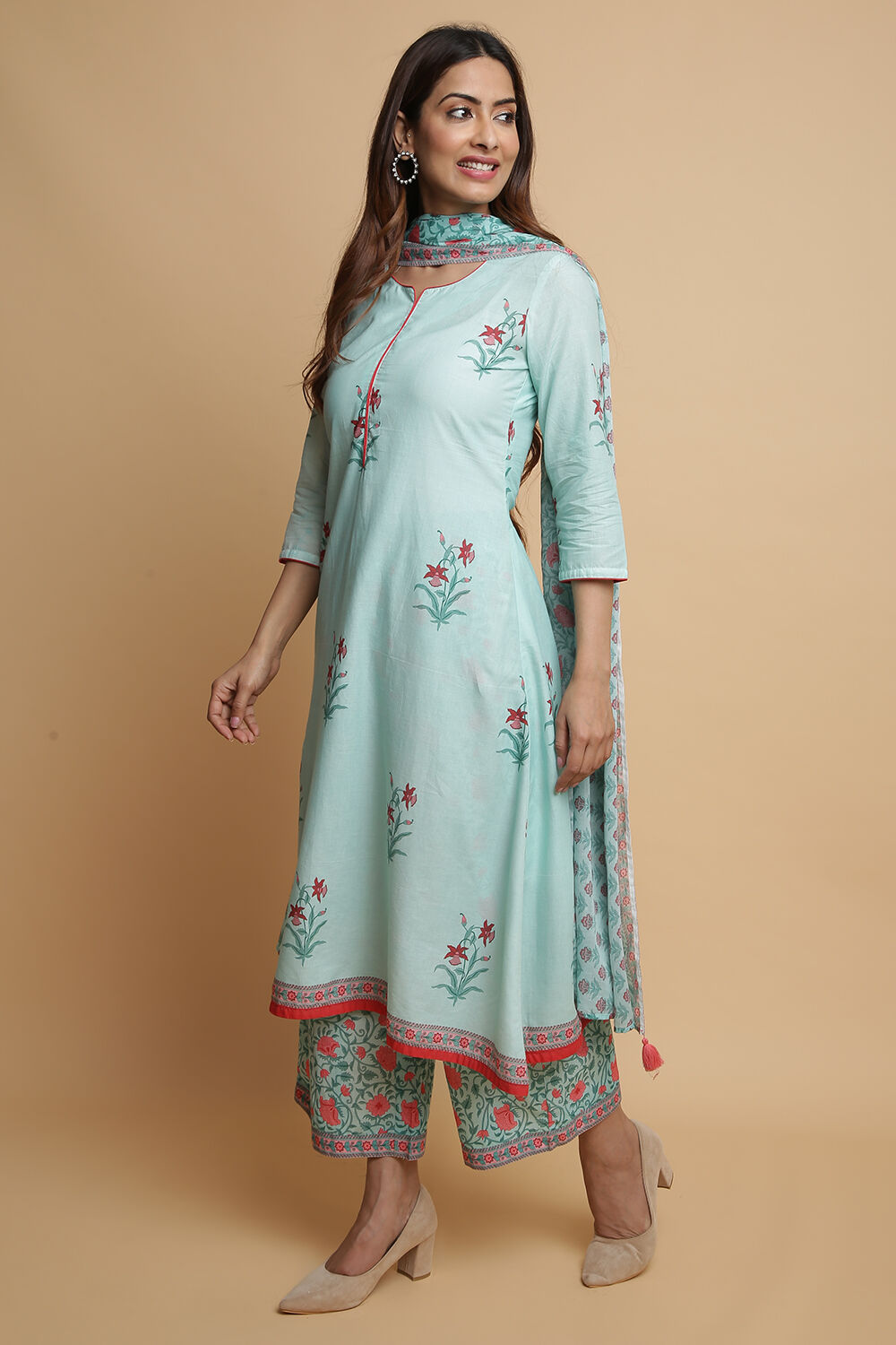 White Cotton A-Line Kurta Palazzo Suit Set image number 5