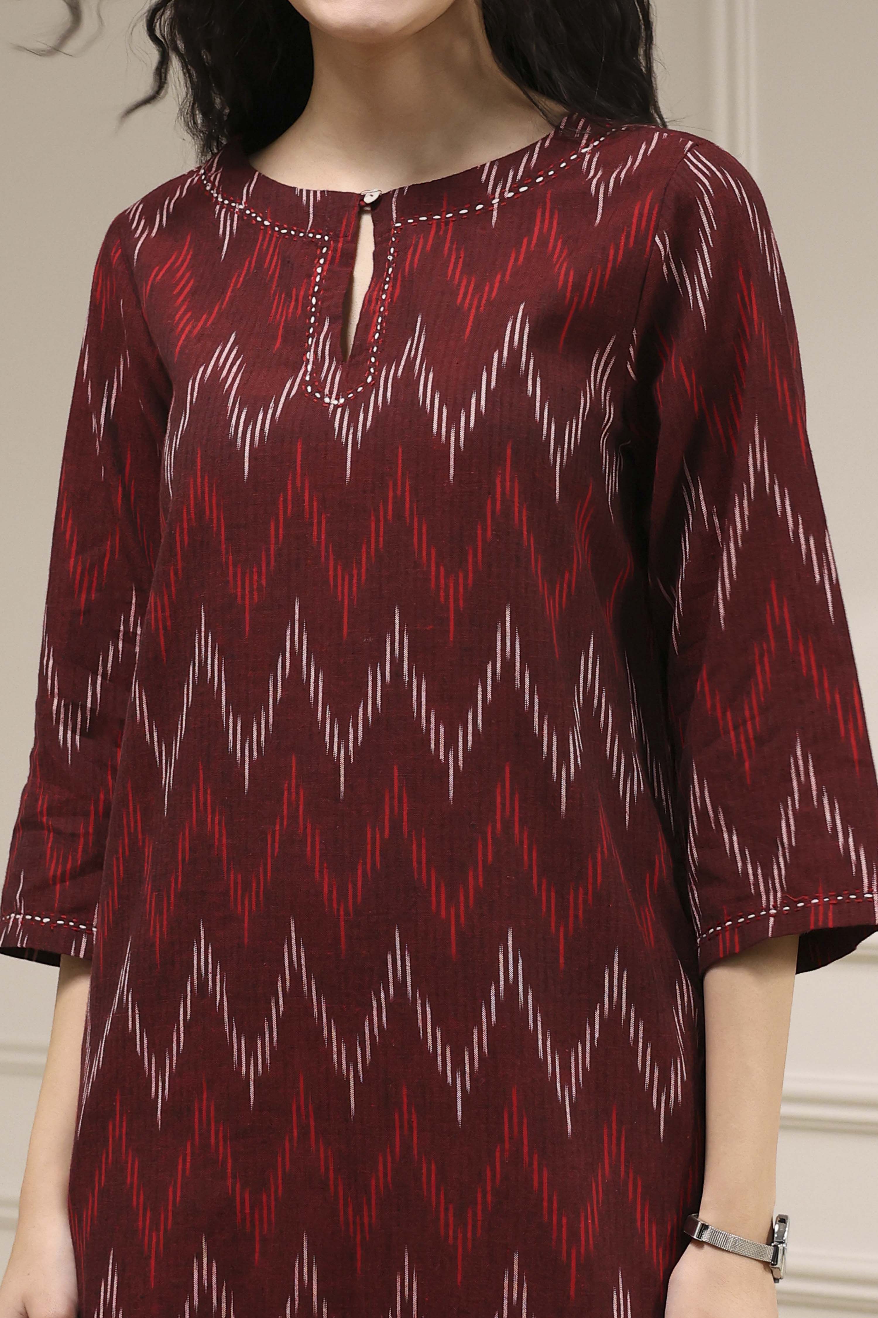 Maroon Cotton Ikat Straight Kurta image number 1