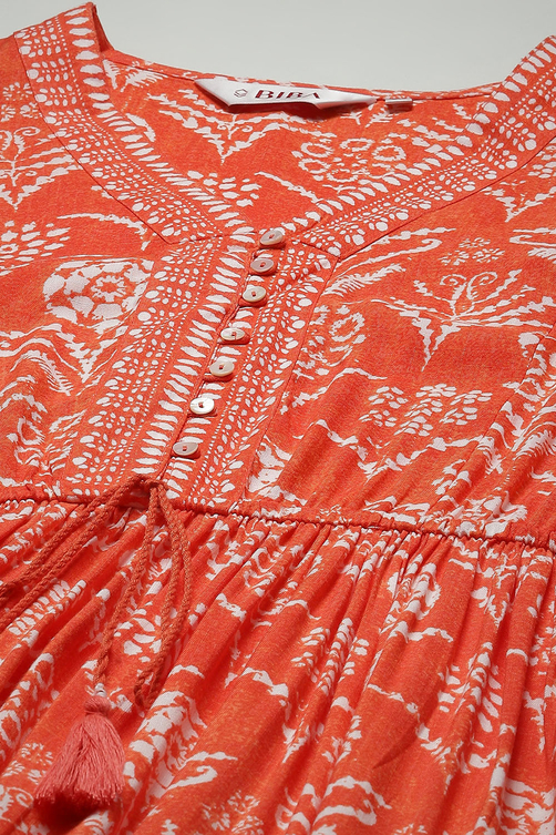 Orange Printed Tiered Dress image number 5
