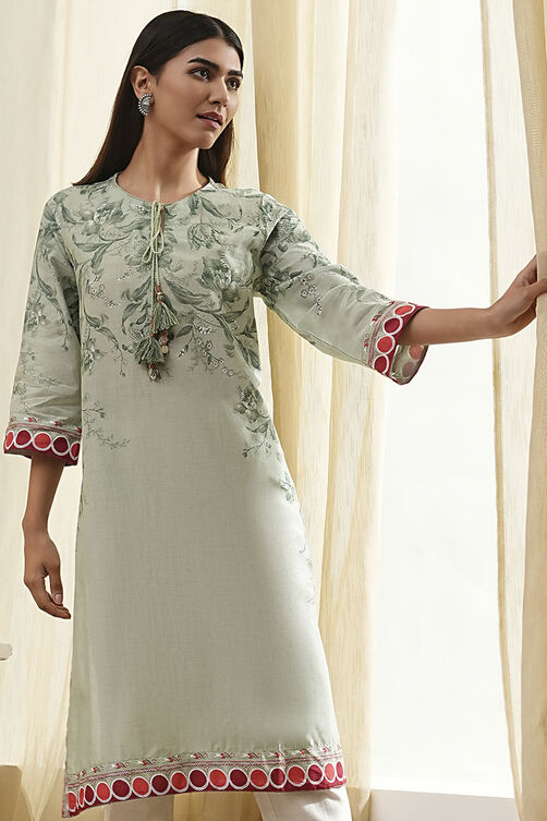 Beige and Blue Cotton Floral Straight Kurta image number 6