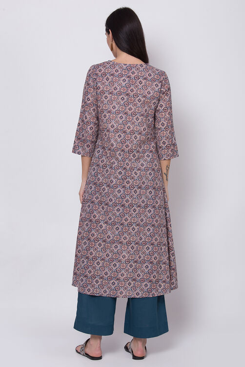 Peach Cotton A-Line Printed Kurta image number 4