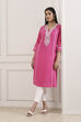 Pink Cotton Yoke Embroidered Straight Kurta