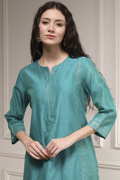 Turquoise Cotton Blend Printed Straight Suit Set image number 7