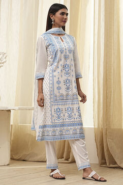 Off-White and Blue Cotton Straight Suit Set image number 5