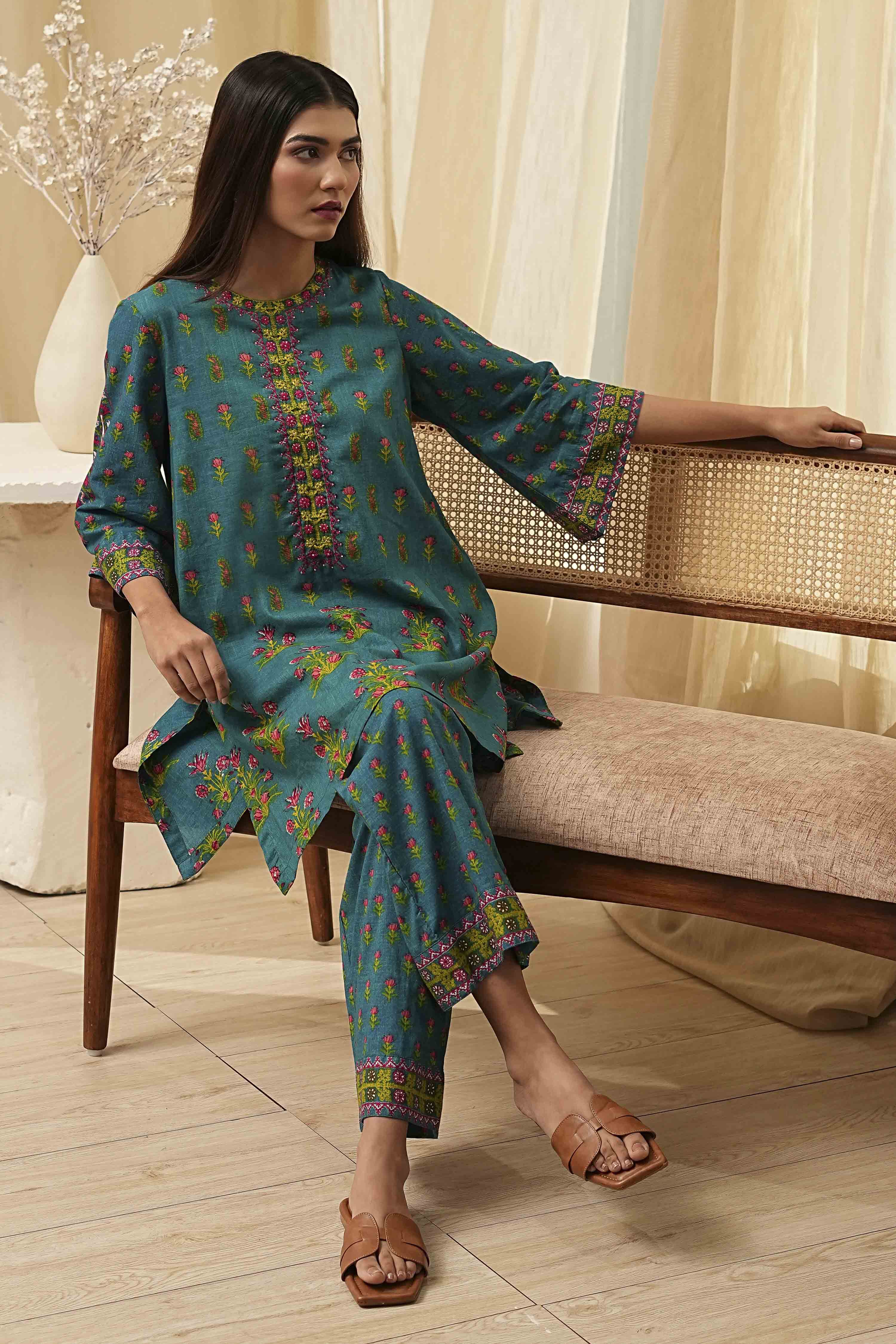 Teal Cotton Printed Straight Kurta Set image number 0
