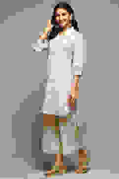 Off White Cotton Straight Printed Kurta image number 2