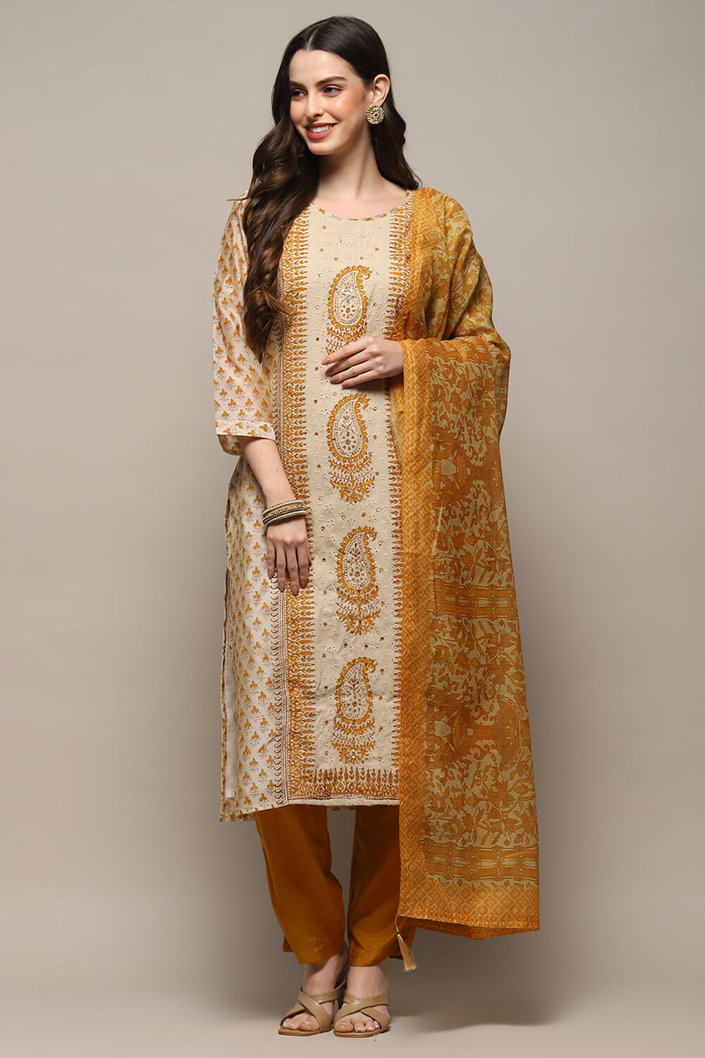 Beige Pink Chanderi Unstitched Suit set image number 8