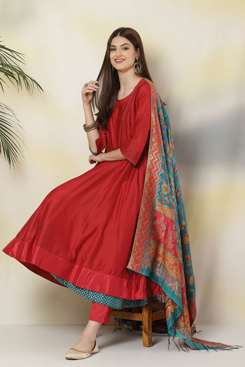 Magenta Cotton Silk Anarkali Kurta Churidar Suit Set image number 0