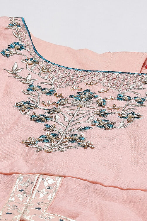 Peach And Teal Straight Poly Cotton Girls Lehenga Set image number 1