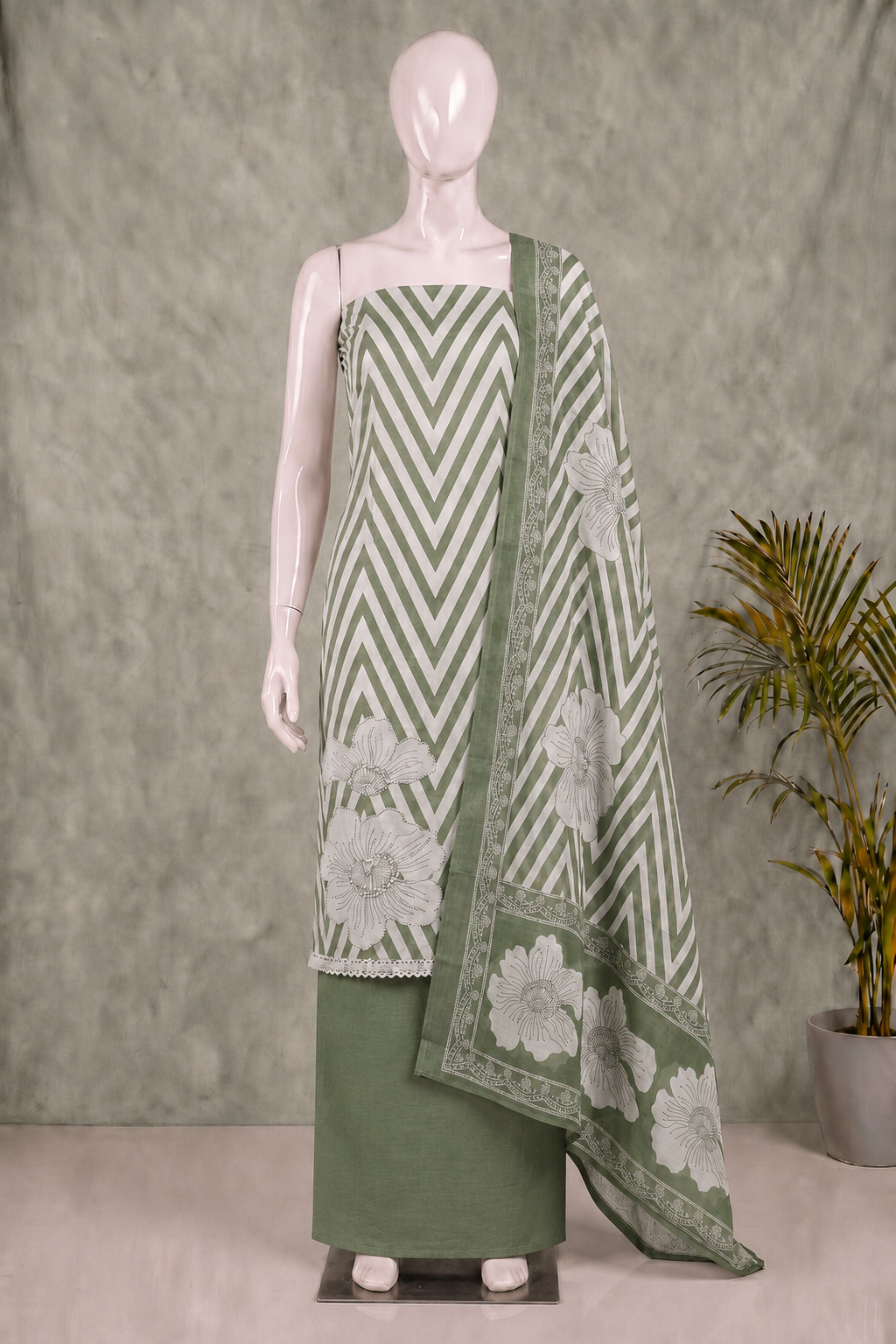 Green Linen Contemporary Print Unstitched Suit Set image number 4