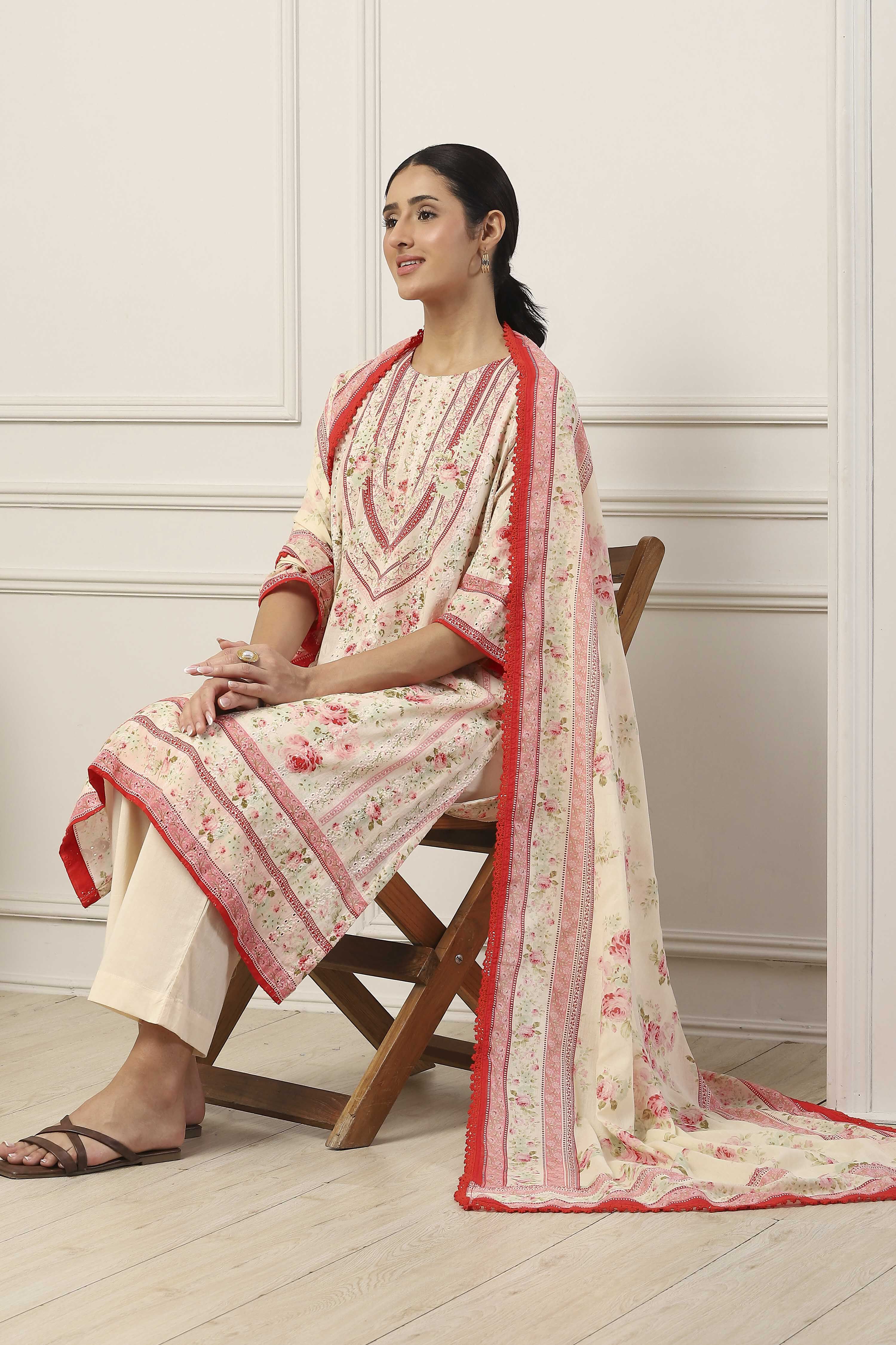 White Cotton Floral Printed A-Line Suit Set image number 0