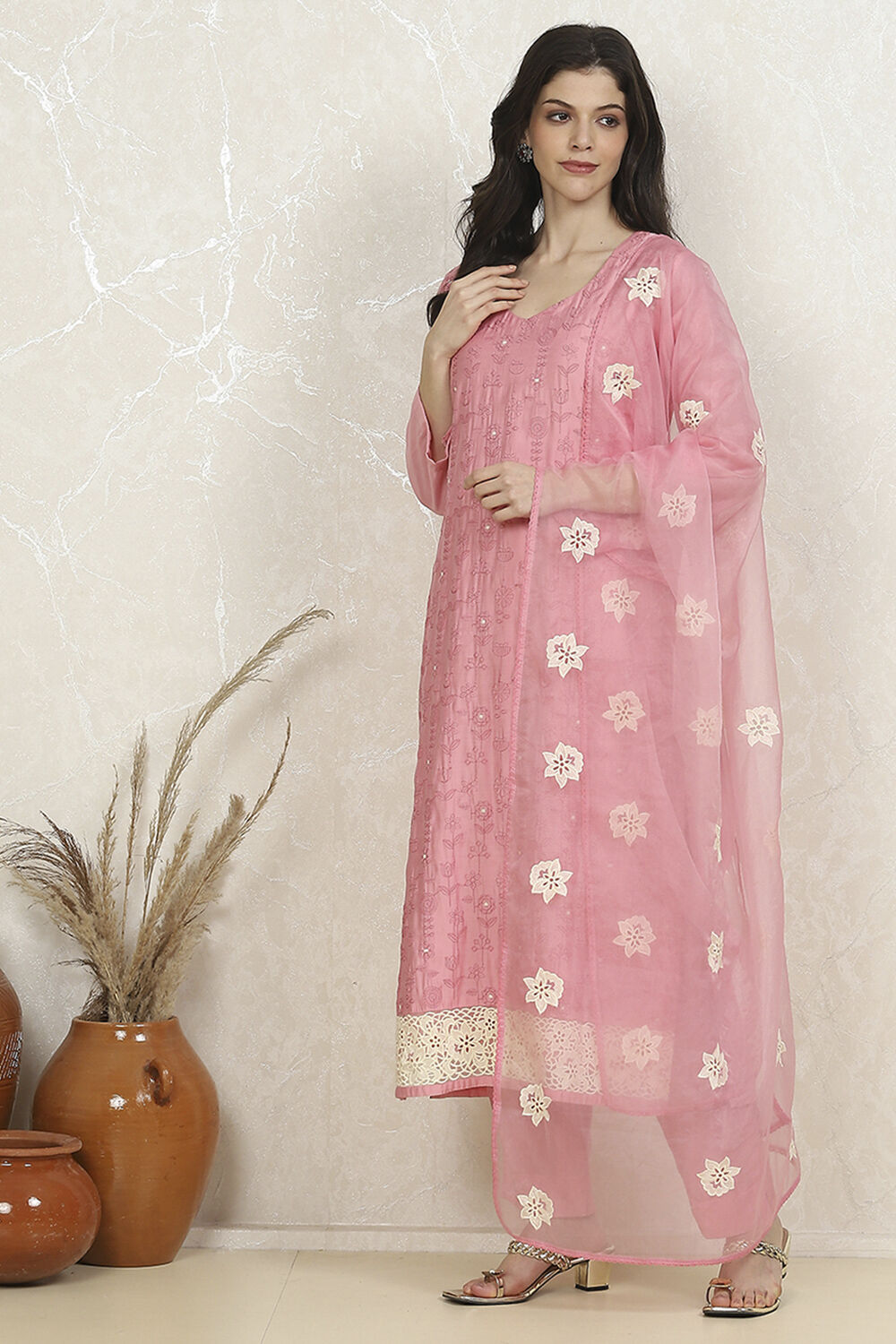 Pink Silk Blend Machine Embroidered Unstitched Suit Set image number 4