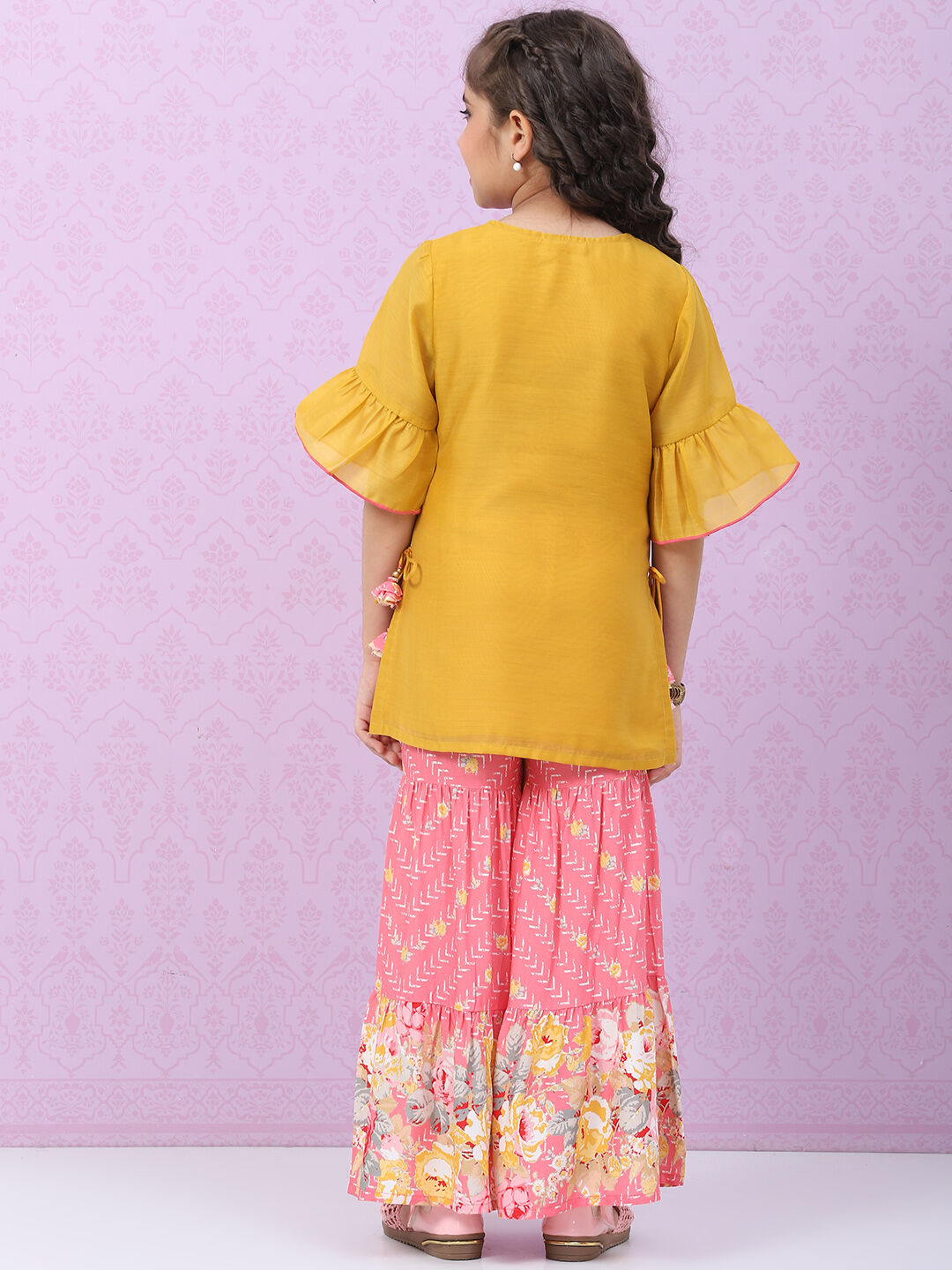 Pink & Yellow Art Silk Straight Kurta Set image number 4