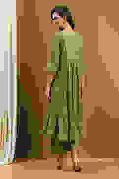 Green Cotton Printed Festive Gathered Suit Set image number 4