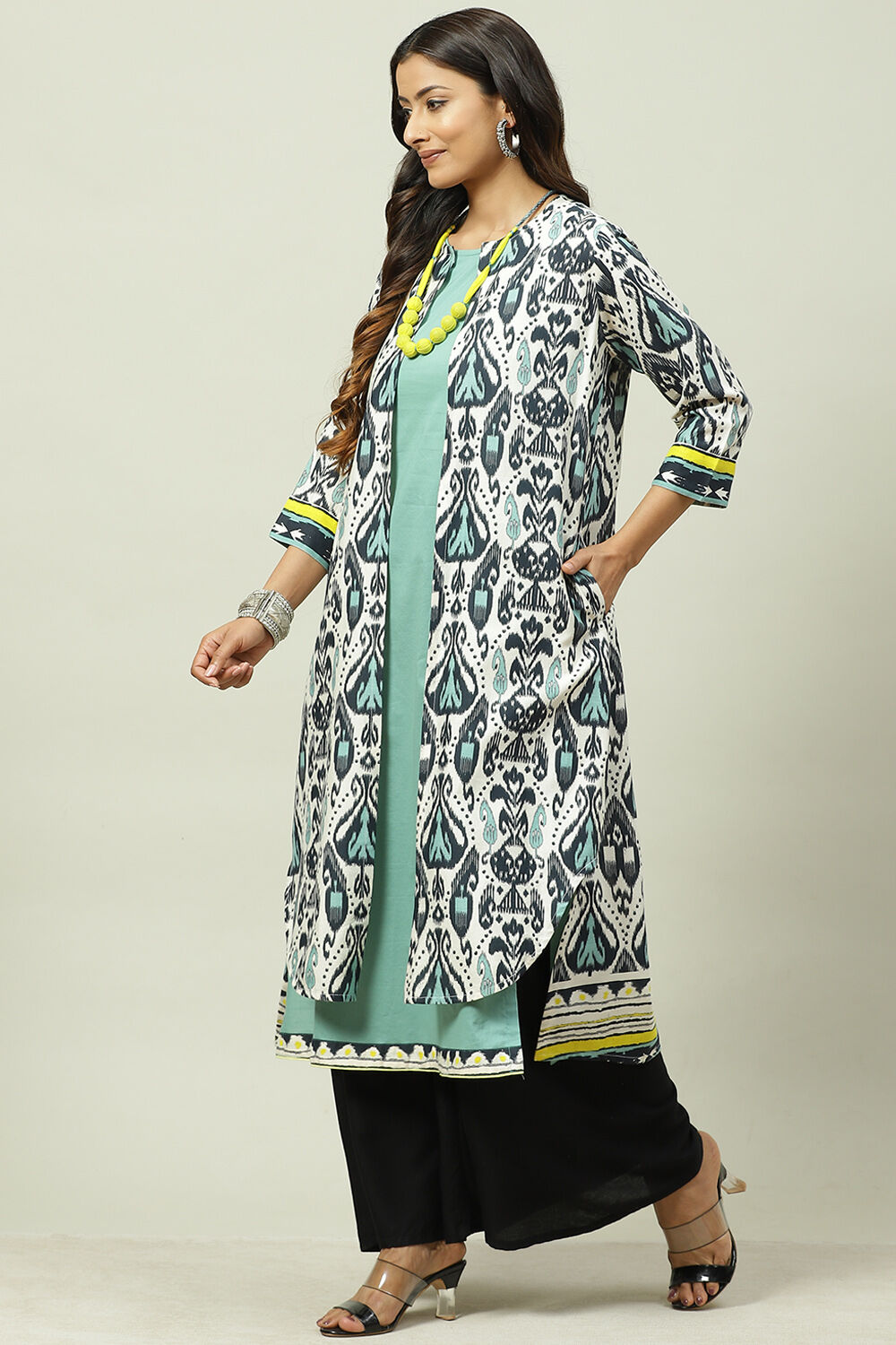 Black And Teal Rayon Printed Kurta with Jacket image number 3