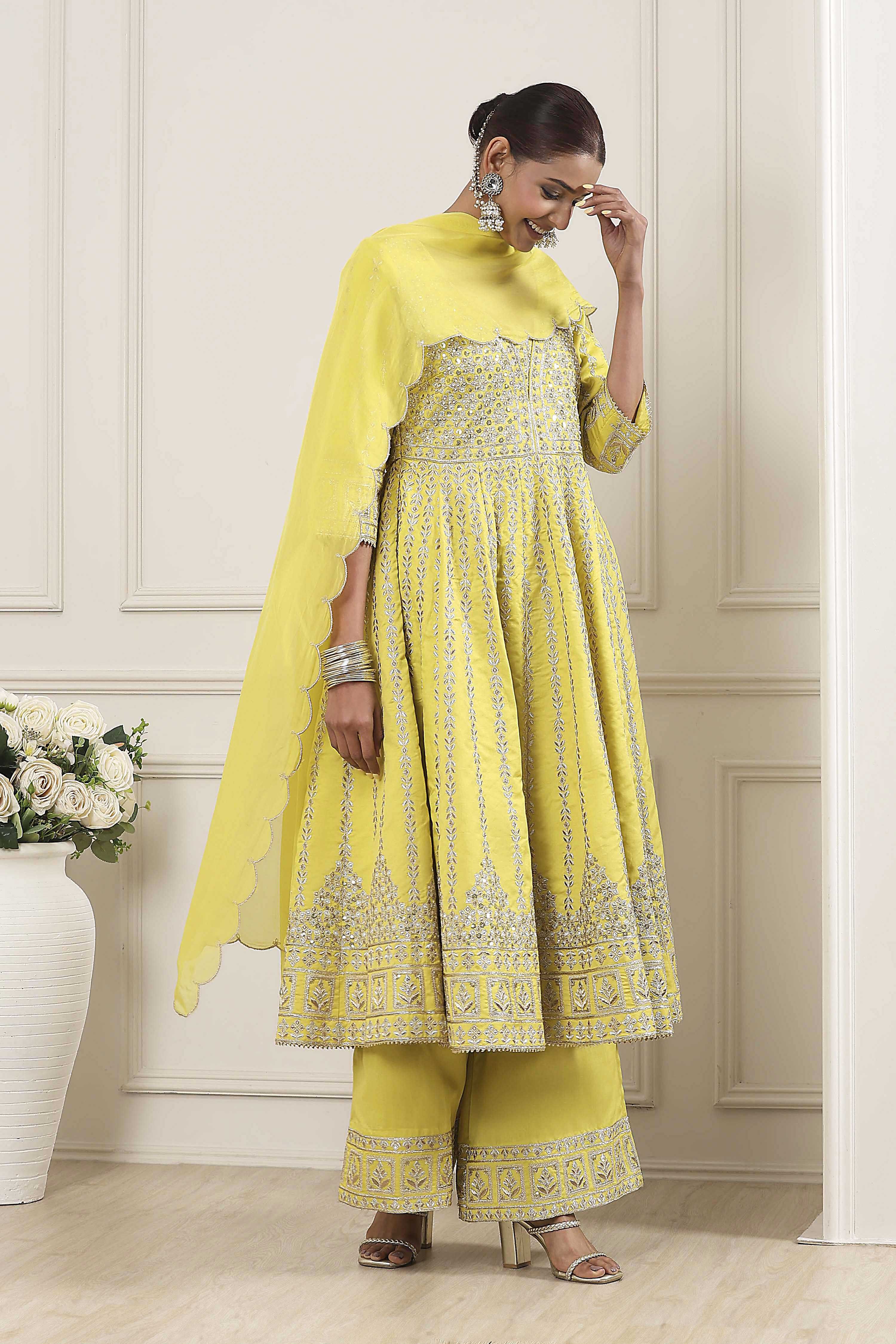 Lime Green Cotton Silk Anarkali Suit Set image number 5