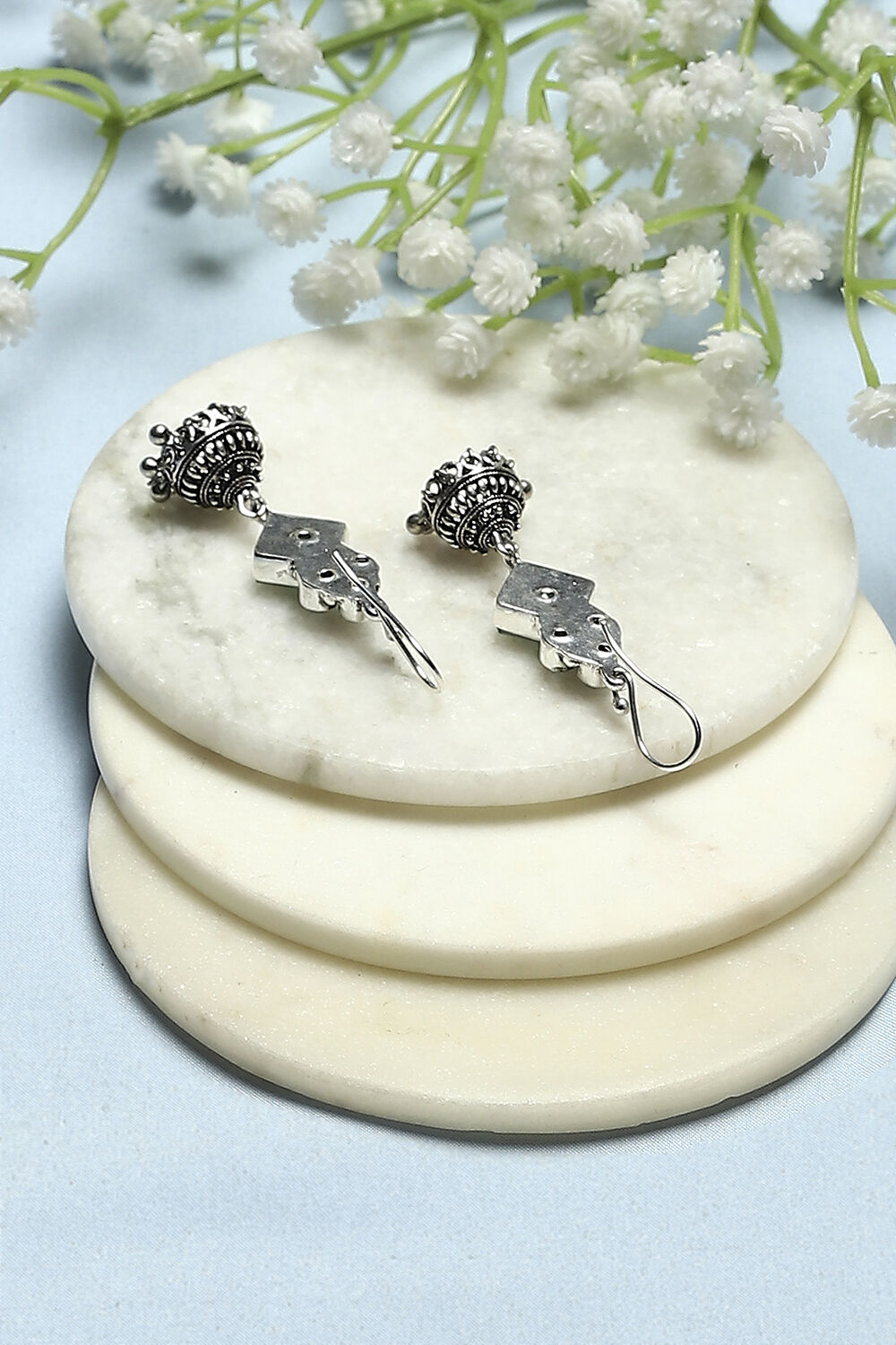 Mint Green Oxidised Stone Studded Geometric Jhumkas image number 2