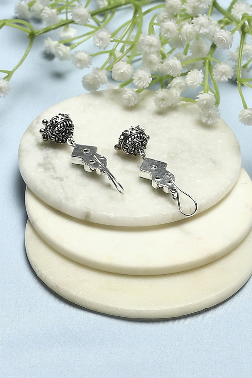 Mint Green Oxidised Stone Studded Geometric Jhumkas image number 2