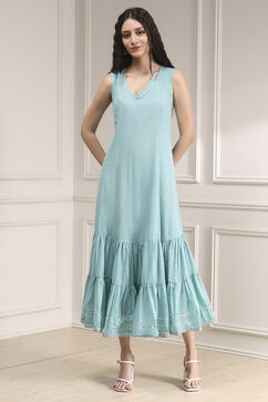 Powder Blue Cotton Blend Layered Embroidered Fusion Set image number 7