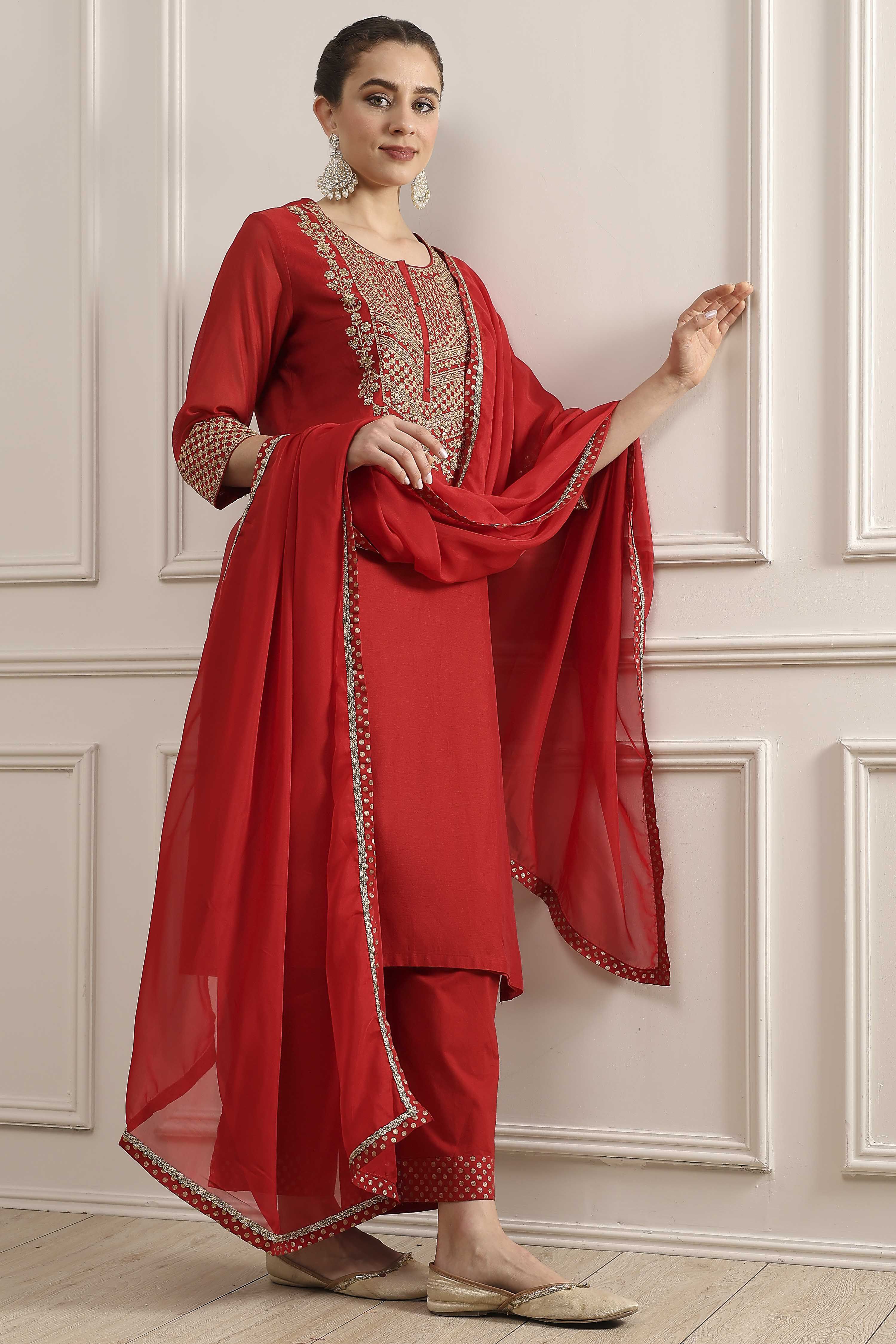 Red Embroidered Art Silk Straight Suit Set image number 0