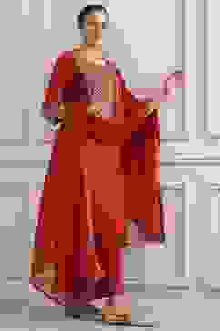 Red Embroidered Art Silk Straight Suit Set image number 0