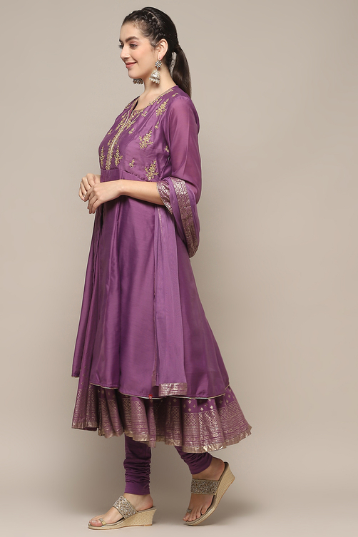 Violet Jersey Anarkali Kurta Churidar Suit Set image number 4