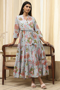 Light Blue Cotton Floral Tiered Dress image number 0