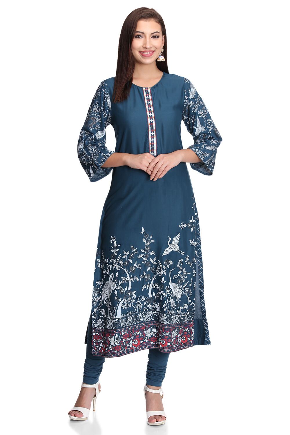 Teal Viscose Straight Printed Kurta image number 4