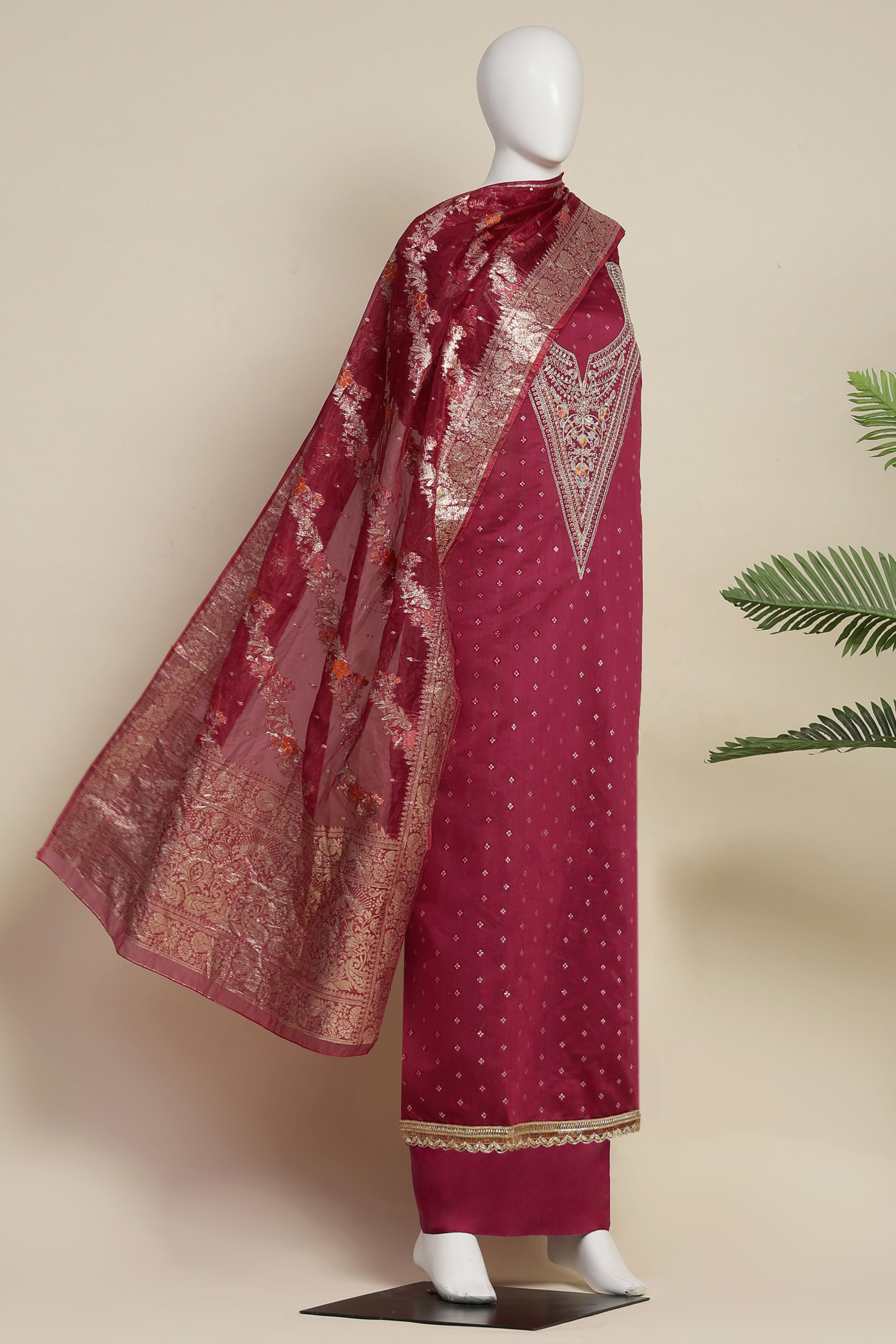 Green Marron Tissue Chanderi Embroidered Unstitched Suit Set image number 4