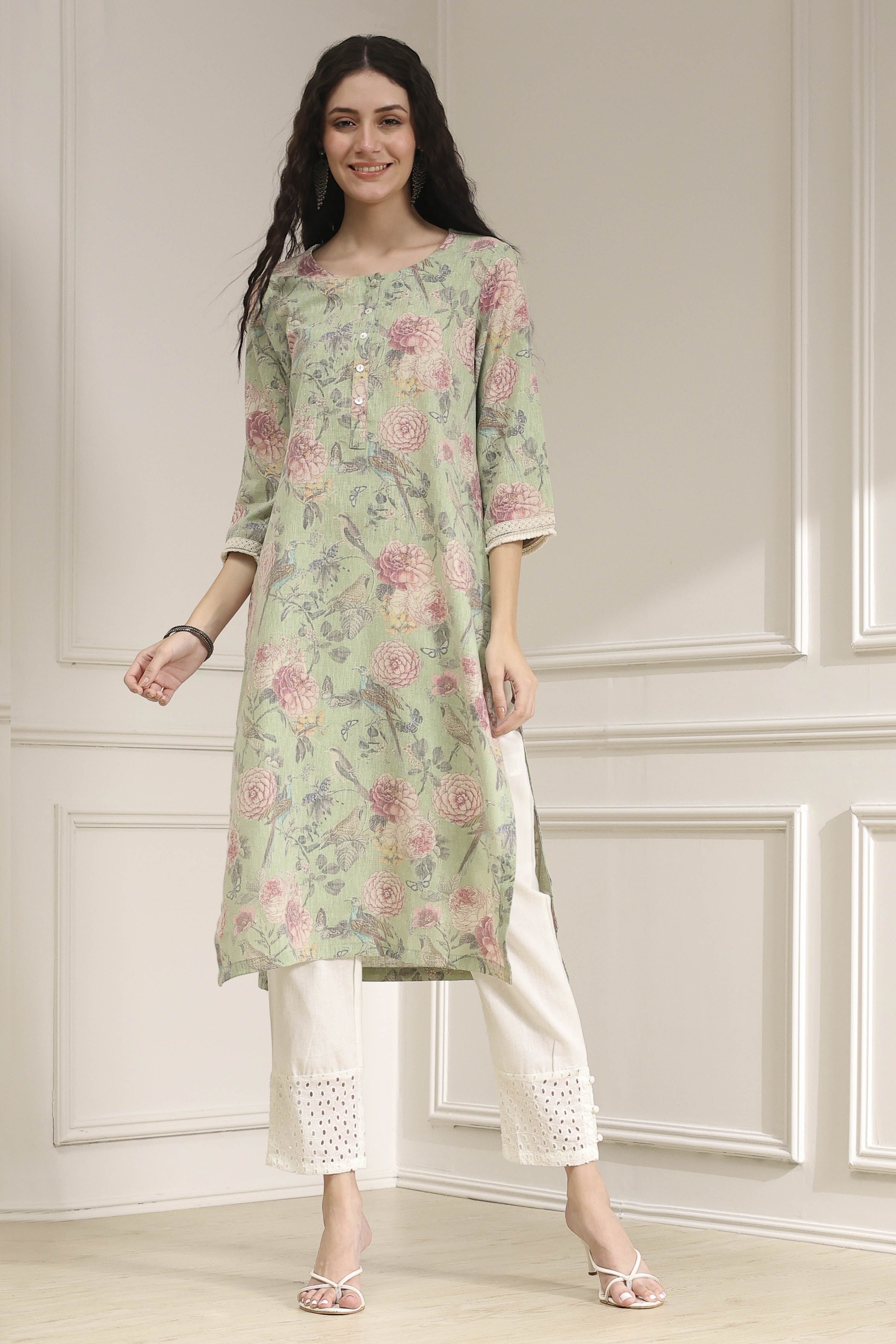 Light Green Cotton Blend Printed Straight Kurta image number 5