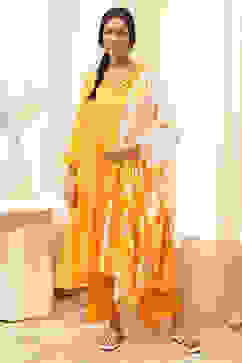 Yellow Bandhani Printed A-Line Suit Set image number 6