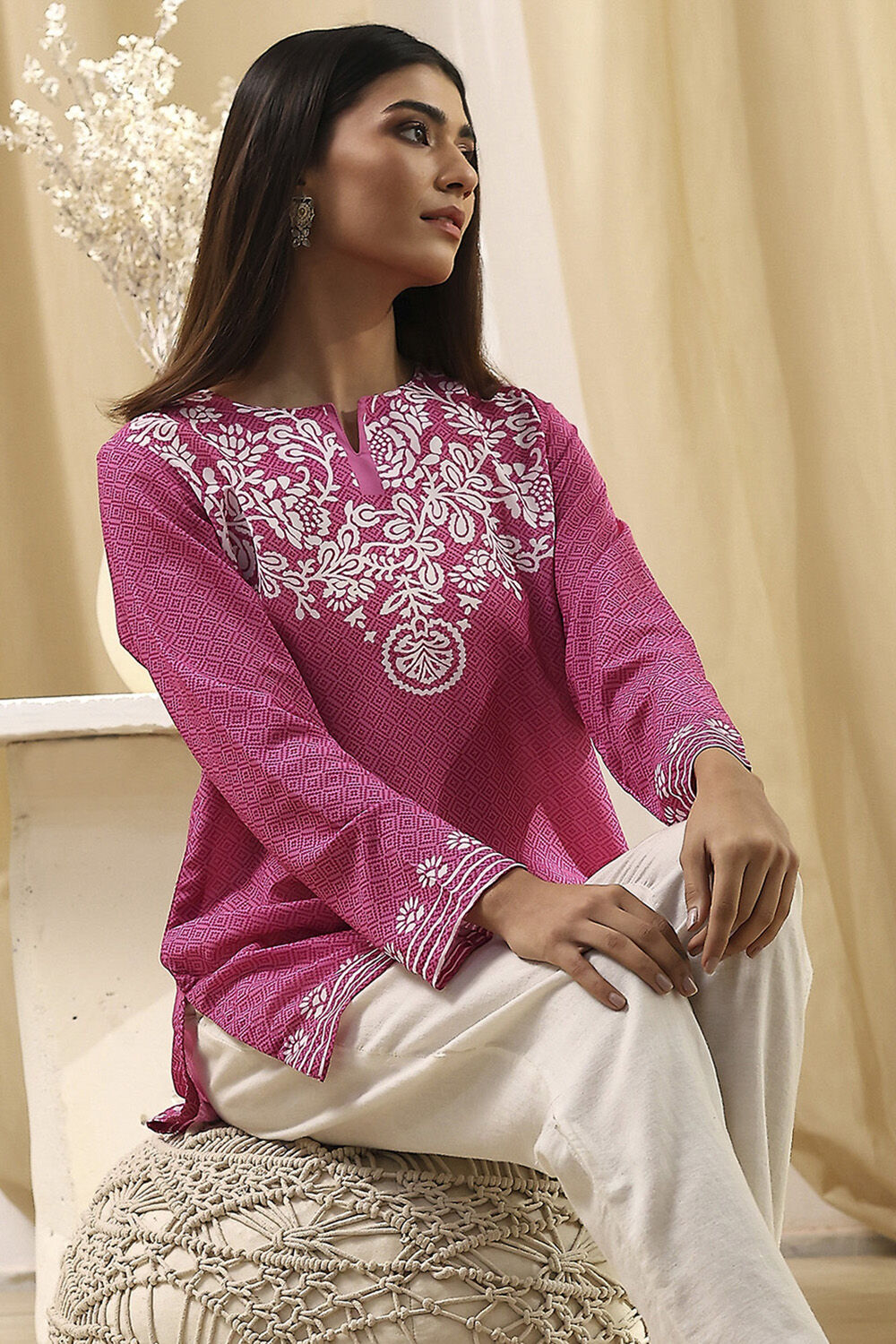 Pink W And Biba Kurtis Buy Biba Pink Embroidered Straight Kurta