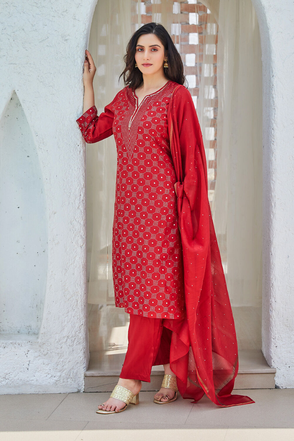 Pink Yard-Dyed Chanderi Kurta & Pants Suit Set image number 8