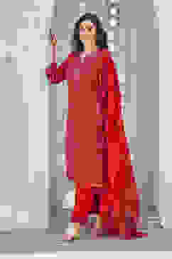 Red Yard-Dyed Chanderi Kurta & Pants Suit Set image number 8