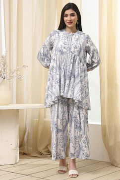 Off-White and Blue Cotton Asymmetric Co-ord Set image number 5