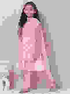 Pink Cotton Blend Flared Kurta Churidar Suit Set image number 6