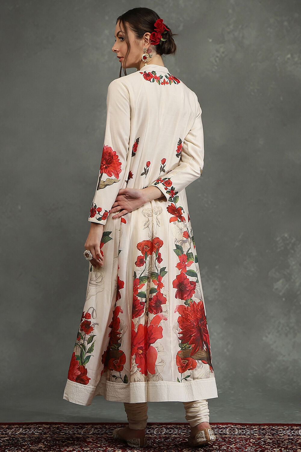 Rohit Bal Ivory Silk Chanderi Floral Printed Kalidar Suit Set image number 4