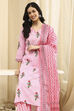 Pink Cotton Screen Print Unstitched Suit Set image number 8