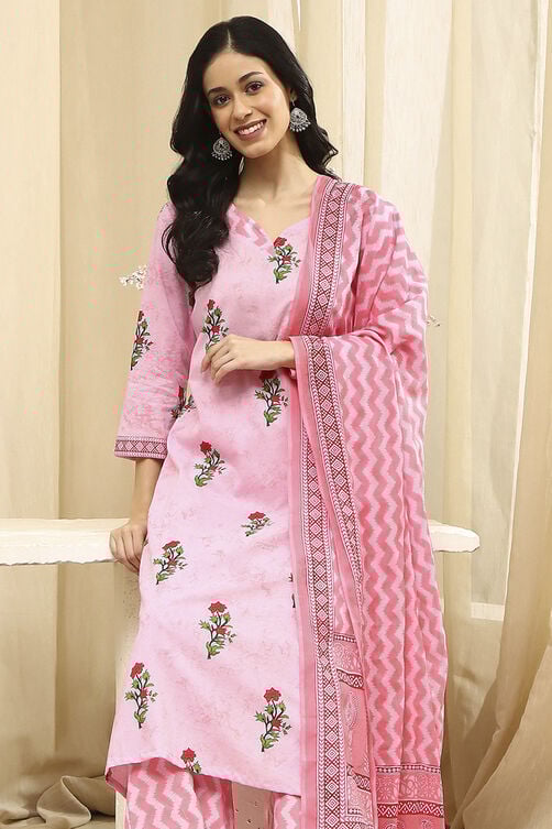 Pink Cotton Screen Print Unstitched Suit Set image number 8