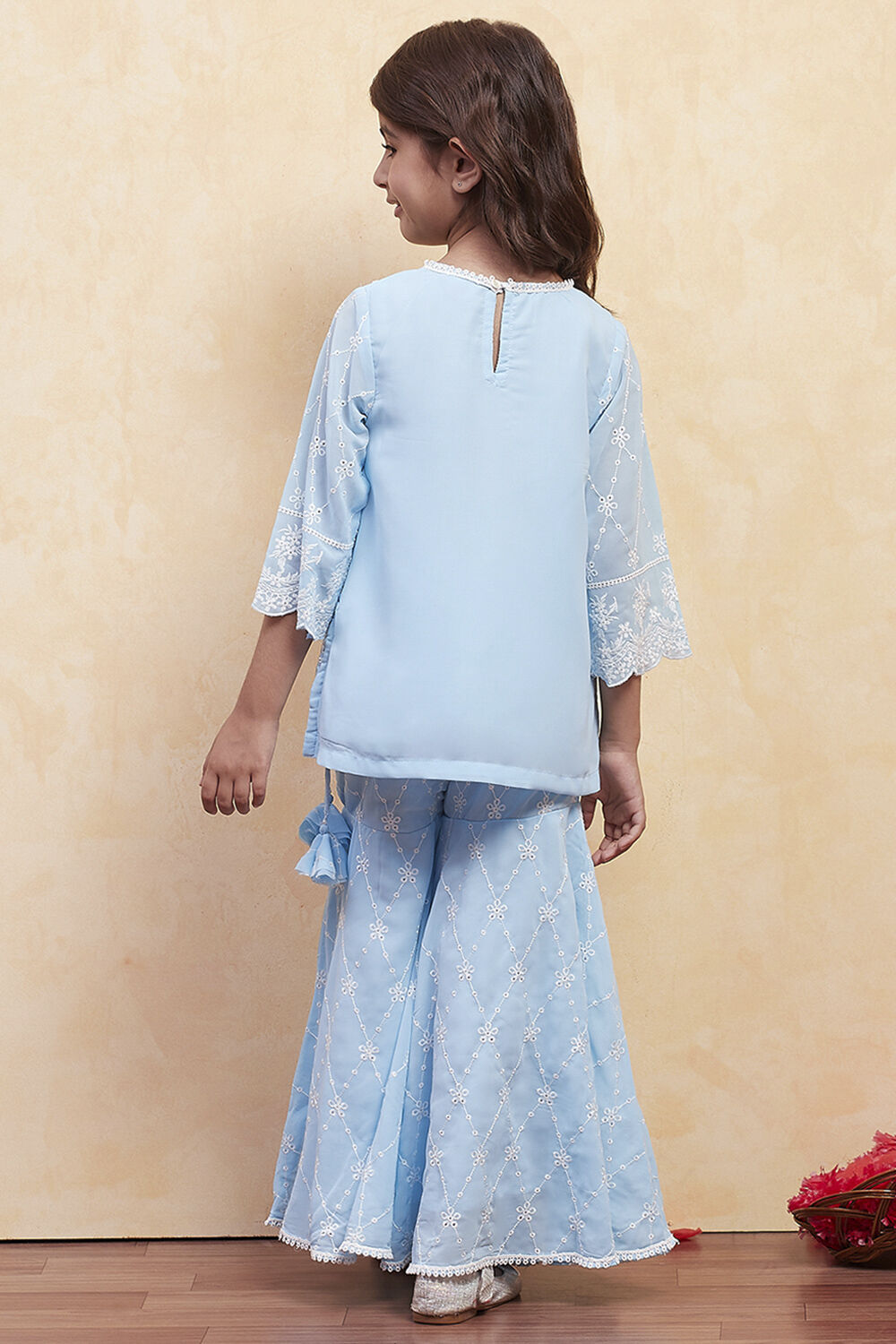 Powder Blue Cotton Embroidered Kurta Sharara Set image number 4