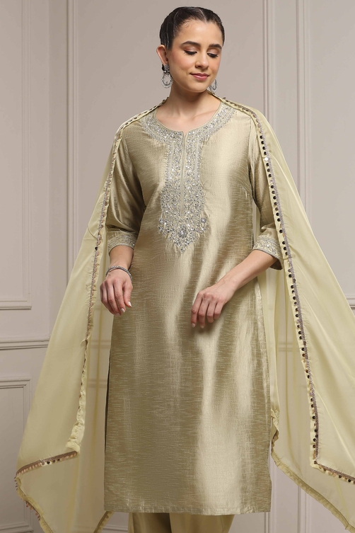Light Green Art Silk Embroidered Straight Suit Set image number 7