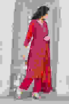 Red Yard-Dyed Chanderi Kurta & Pants Suit Set image number 5