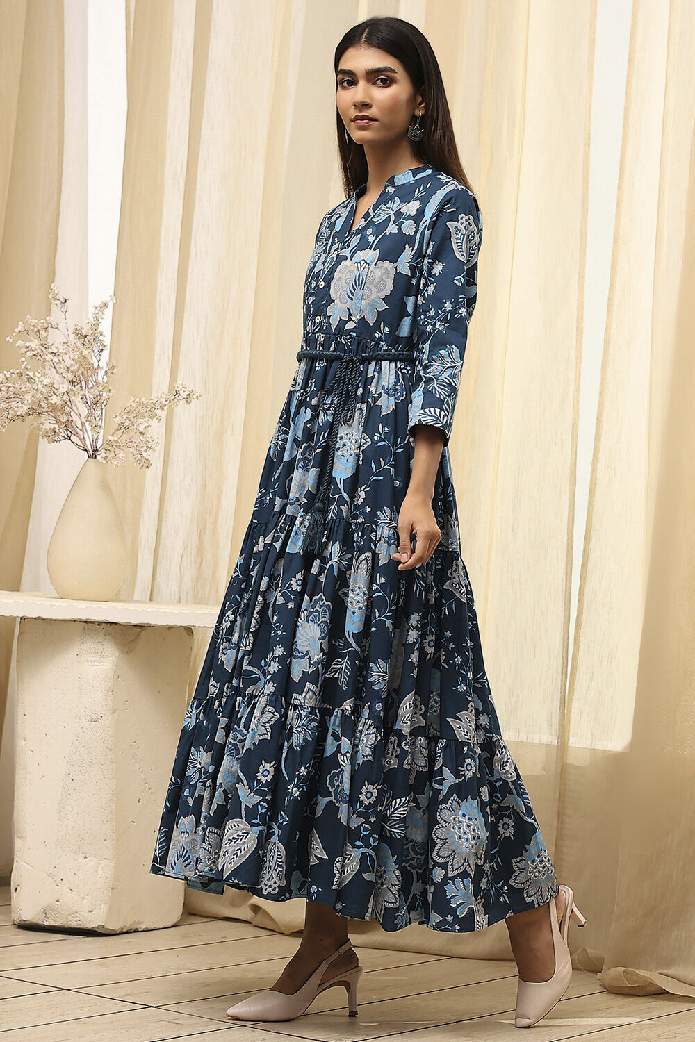 Earthy Blue Cotton Floral Tiered Dress image number 2