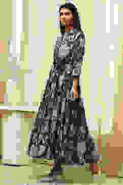 Earthy Blue Cotton Floral Tiered Dress image number 2