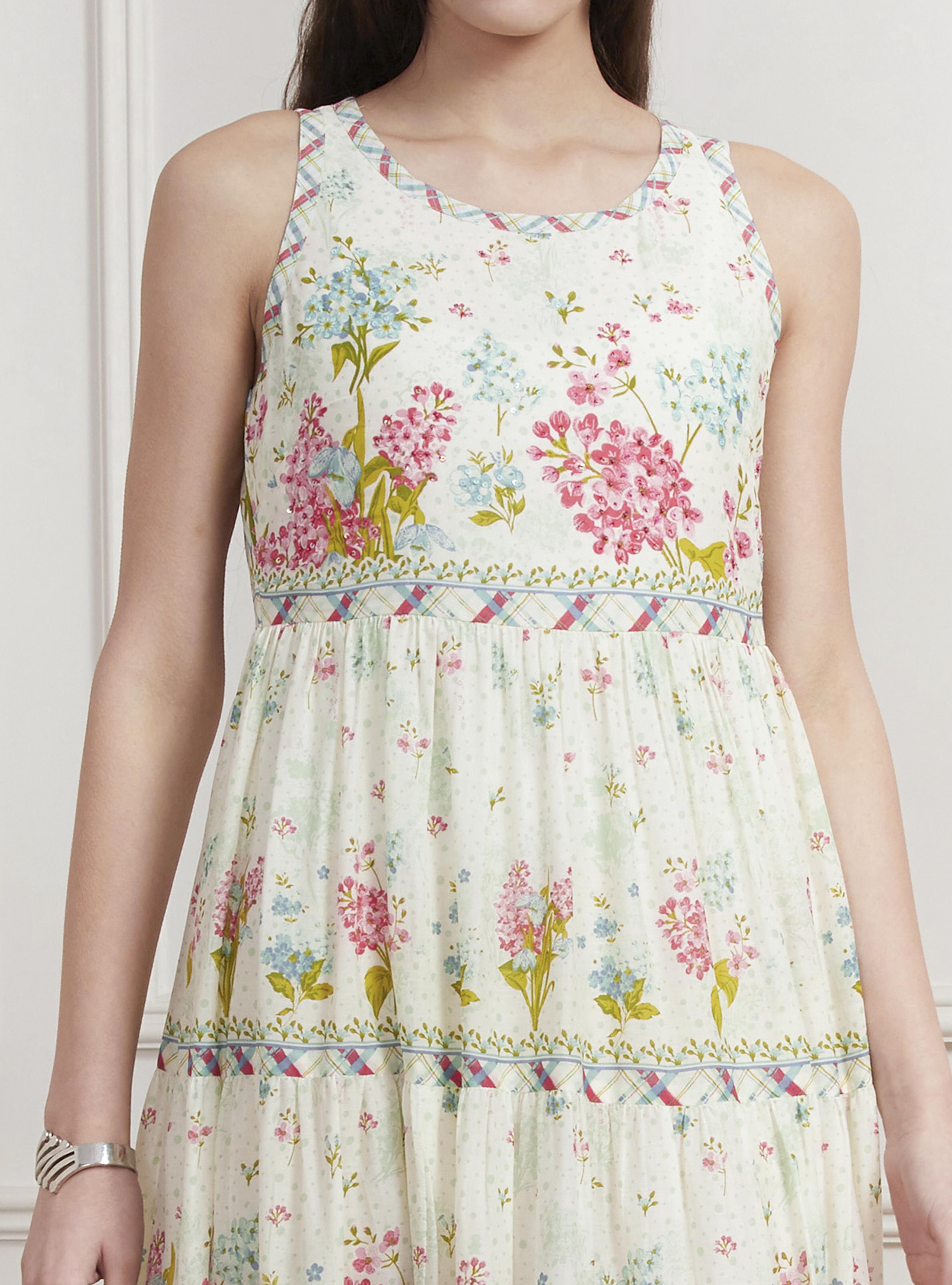 Off-White Cotton Printed Tiered Dress image number 1