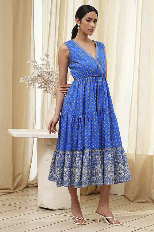 Blue Cotton Printed Tiered Dress image number 4