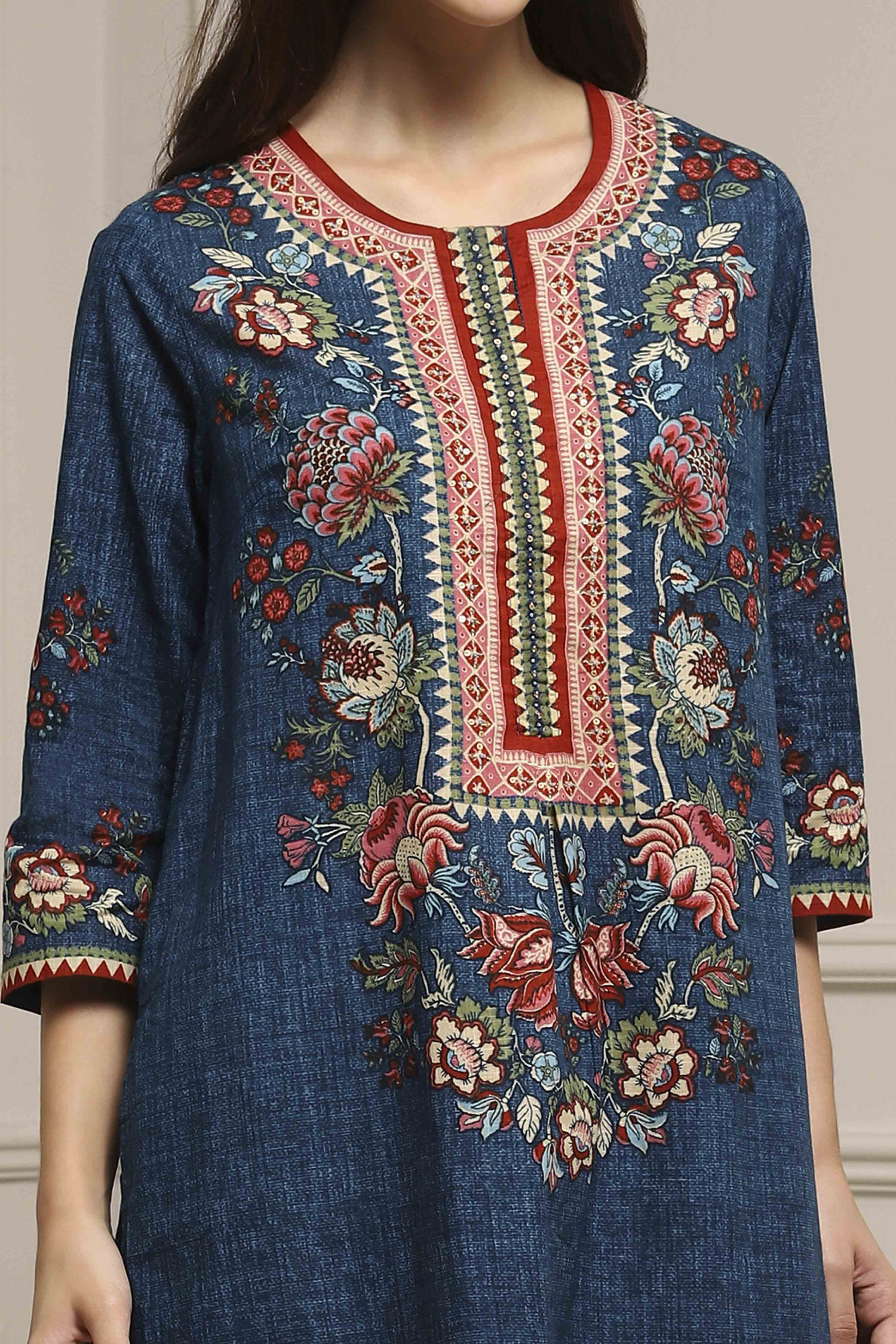 Blue Cotton Printed Straight Kurta Set image number 1