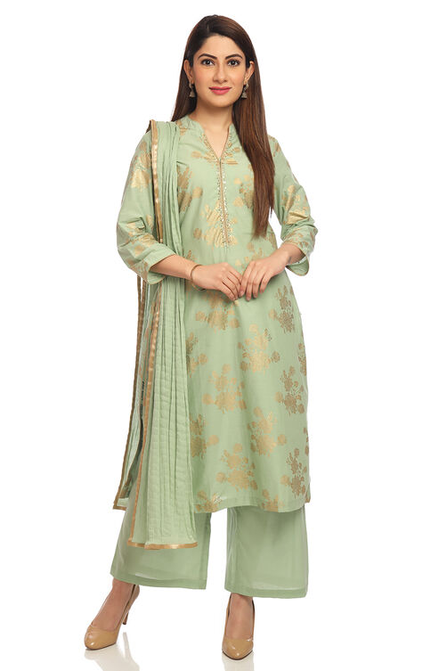 Pista Green Straight Cotton Kurta Palazzo Suit Set image number 2