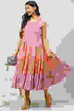 Pink Cotton Flared Fusion Printed Dress image number 5
