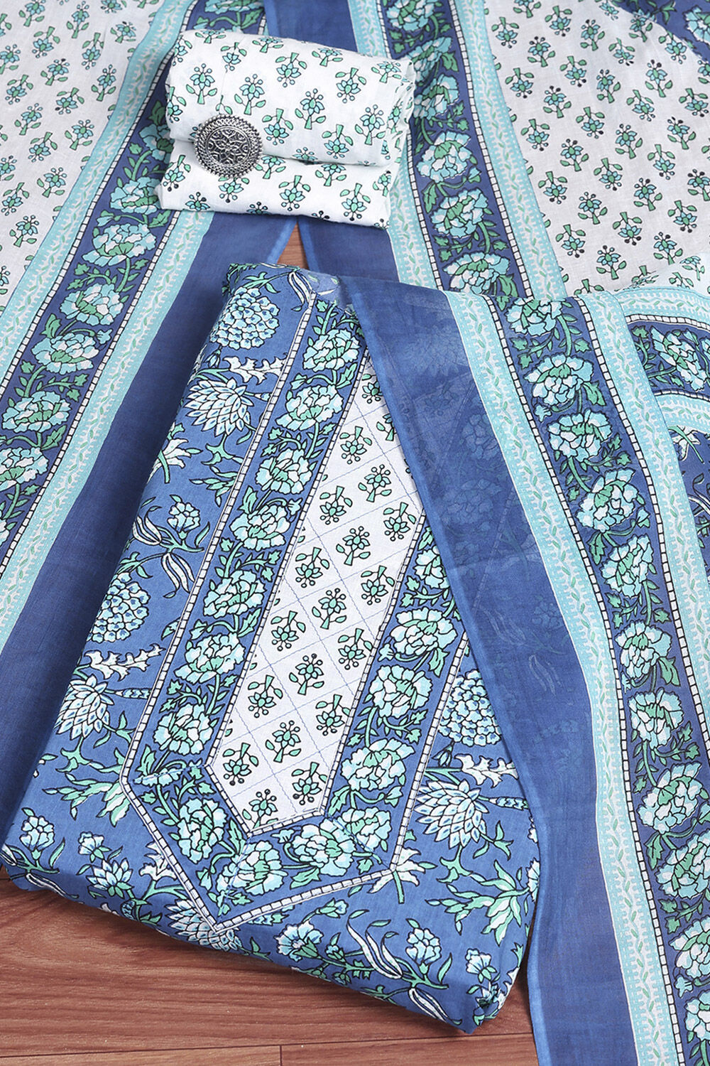 Lime Green and White Cotton Screen Print Unstitched Suit Set image number 0